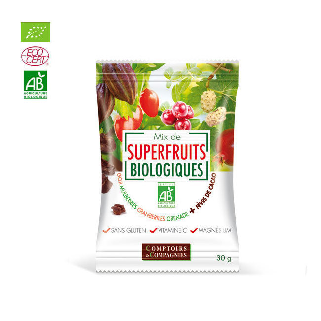 Mix Superfruits bio et   clats de f eves de cacao torr  fi  es 30g