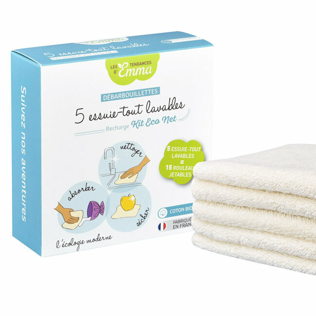 Lot 5 Essuie-tout lavables en Coton bio - Recharge Kit Eco Net