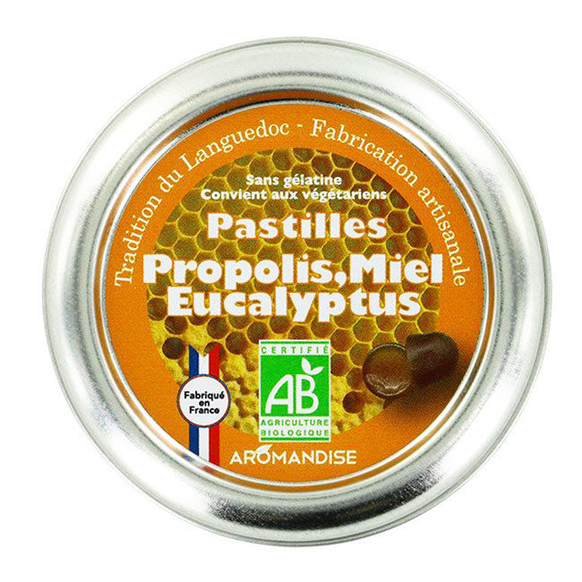 Pastilles bio à la propolis, miel et eucalyptus pour la gorge 45g